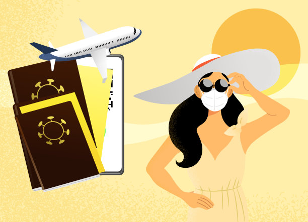 身着夏季服装的年轻女性，戴着太阳镜和ffp2口罩，疫苗护照概念，旅行授权和健康护照图片下载