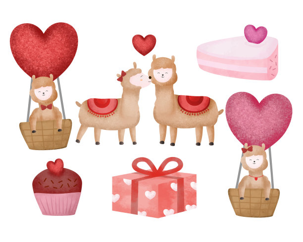 情人节矢量插图。四个可爱的喇嘛在白色的背景和许多心图片下载