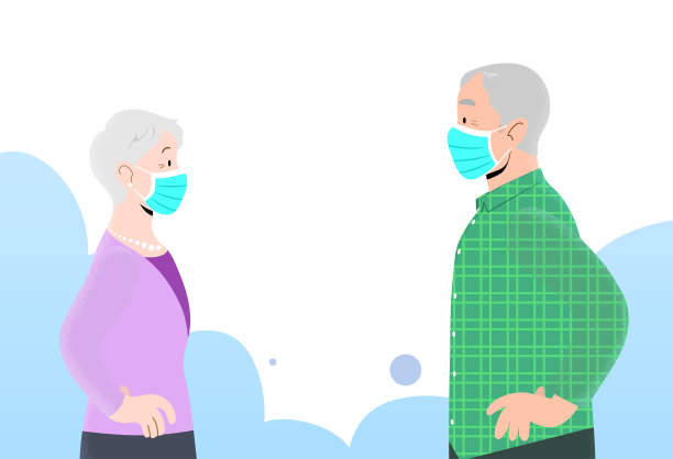 一对高级男性和高级女性肖像档案戴着外科防护口罩。图片下载