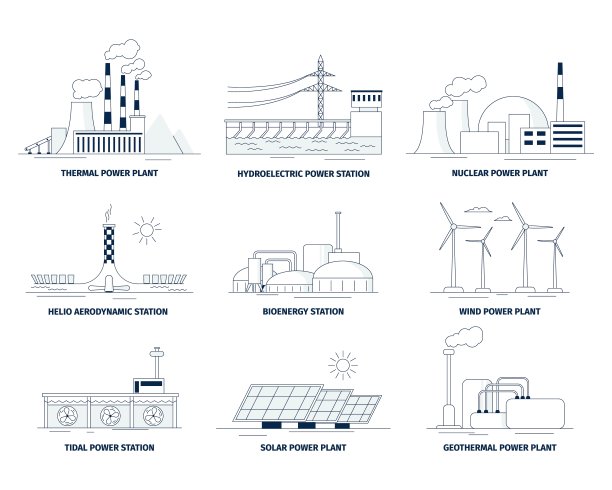 能量元素。生态电池，太阳能电池板和替代能源。平站、可再生绿色能源、生态近期向量集图片下载