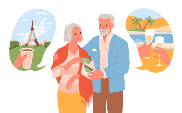 老人为将来的度假攒钱，奶奶和爷爷拿着信封图片下载