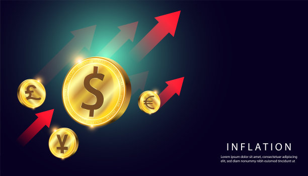 货币美元欧元日元金币背景高科技绿蓝概念通货膨胀在各种因素的影响下上升。图片下载