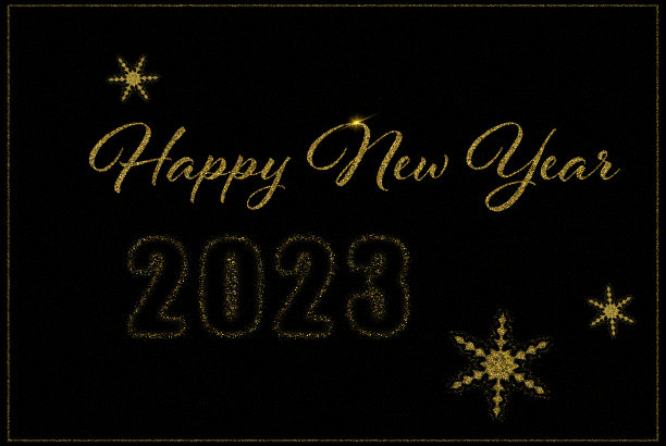 黑色的背景，金色的雪花，节日海报，2023年的明信片图片下载