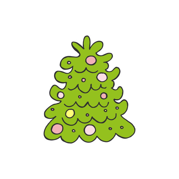手绘圣诞树。彩色矢量插图在涂鸦风格。冬天的心情。你好,2023。圣诞快乐，新年快乐。绿色的树与黄色和粉红色的玩具在白色的背景。图片下载