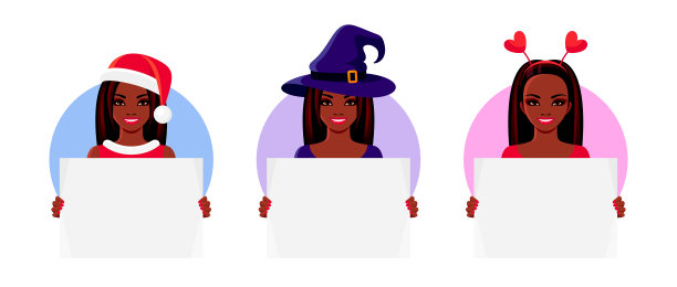 快乐的非裔美国女孩们穿着盛装，举着白色的横幅图片下载