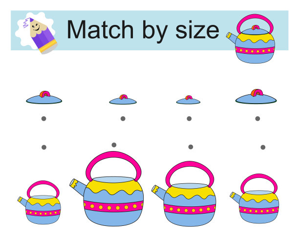 发展逻辑思维的任务。学龄前儿童的活动。按大小配上壶盖。矢量图图片下载