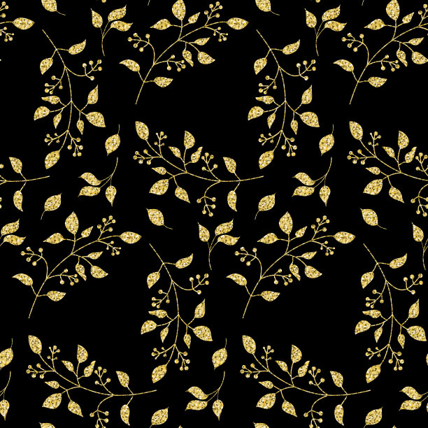 小枝植物叶子浆果无缝图案金色黑色闪光闪光的剪贴簿图片下载