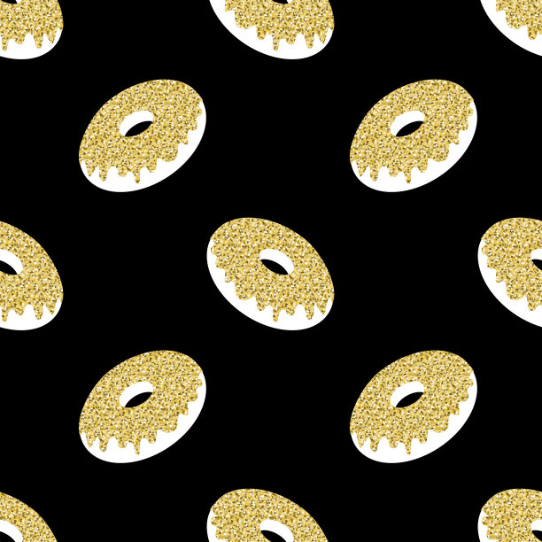 金色甜甜圈在黑色背景无缝模式的剪贴簿图片下载