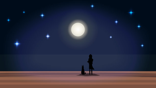 孩子和狗看着夜空中的星星的剪影。矢量图图片下载