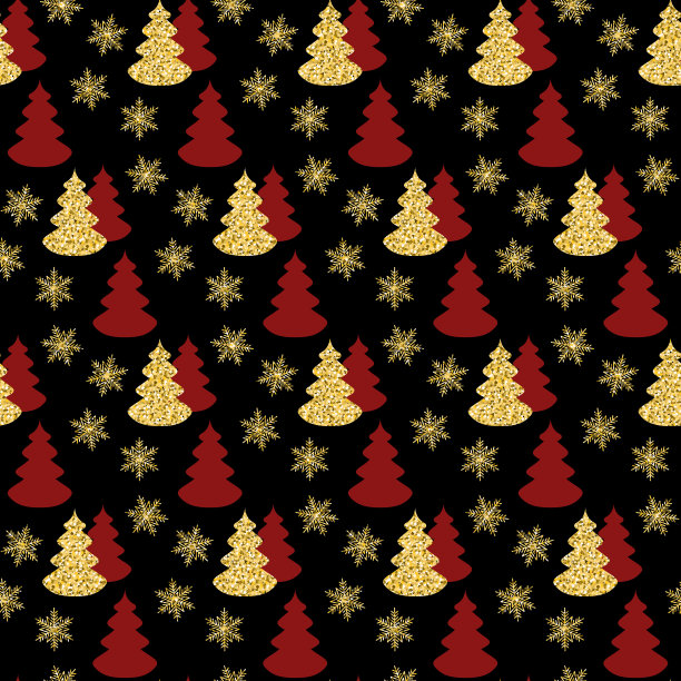 金色的圣诞无缝图案与圣诞树闪闪发光的设计图片下载
