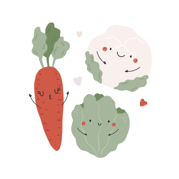 矢量插图与有趣的字符胡萝卜，生菜和花椰菜图片下载
