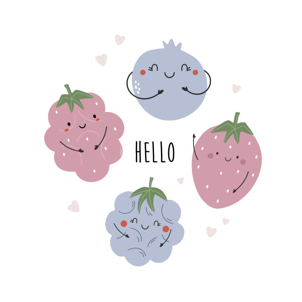 矢量插图与有趣的字符草莓，蓝莓，覆盆子，黑莓。图片下载