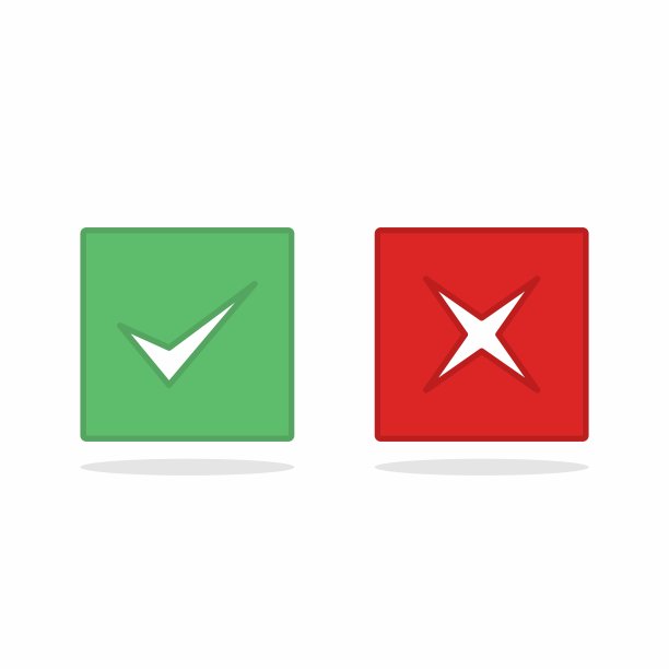 检查和错误标记，勾选和交叉标记，接受/拒绝，批准/不批准，是/否，对/错，绿色/红色，正确/错误，Ok/不Ok -矢量标记符号，绿色和红色。孤立的图标。图片下载