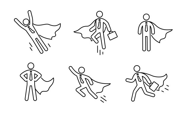 超级英雄商业象形人线图标集。超级英雄商人飞行轮廓图。胜利工人，雇主象形人图片下载