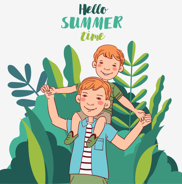 父亲和儿子玩得很开心。幸福家庭向量概念。自然景观背景。暑假插图。休假时间图片下载