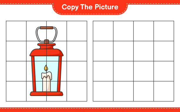 复制图片，使用网格线复制灯笼的图片。教育儿童游戏，可打印的工作表，矢量插图图片下载