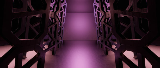 科幻外星人工业地下室机库仓库网络激光灯混凝土水泥沥青停车场地下发光明亮的紫色旗帜背景壁纸3D渲染图片下载