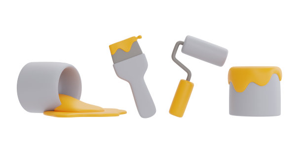 成套施工工具设备，油漆刷、海绵辊及油漆罐，劳动节。三维渲染图片下载