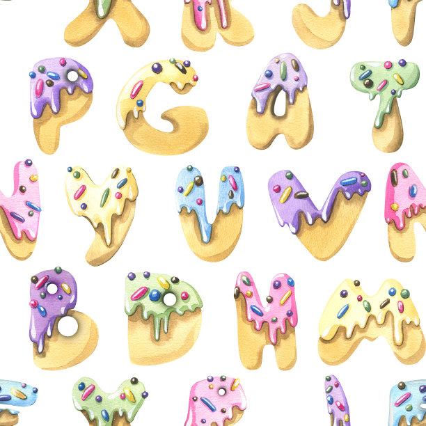 甜饼的字母，在彩色的釉面上撒上糖果屑。水彩插图。白色背景上的无缝图案来自一大套冰淇淋。用于纺织品、墙纸、织物图片下载