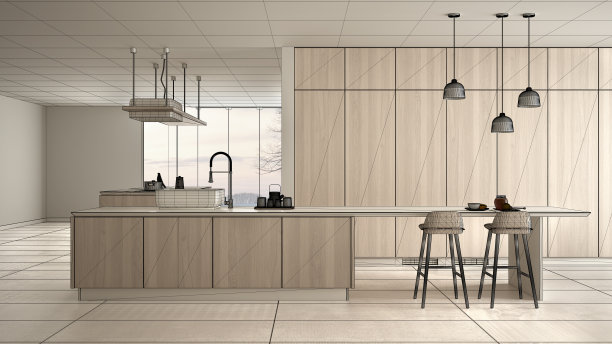 蓝图草图草图，设计概念，建筑师设计方案，极简奢华昂贵的厨房，岛，水槽和燃气灶，开放空间，陶瓷地板，室内设计理念图片下载