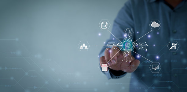 虚拟屏幕扫描指纹、数据管理理念、大数据、业务流程、自动化操作、各种存储系统、云计算。图片下载