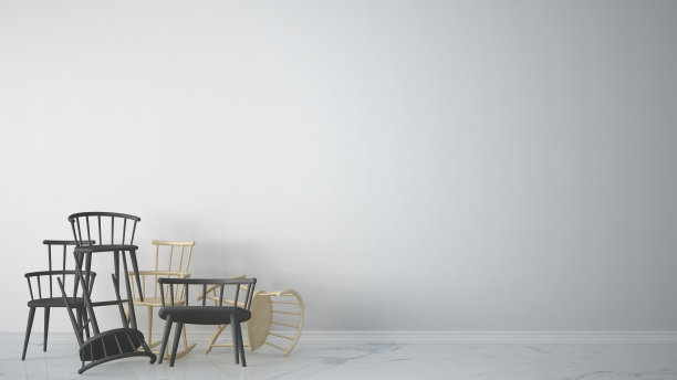 一组灰色的现代斯堪的纳维亚经典和岩石椅子堆叠在当代空室内大理石地板，建筑师的设计师概念，空白的背景与设计副本空间图片下载