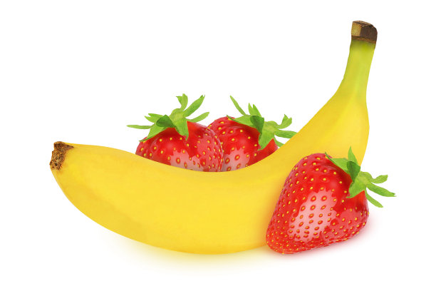 香蕉和草莓在孤立的白色背景上图片下载