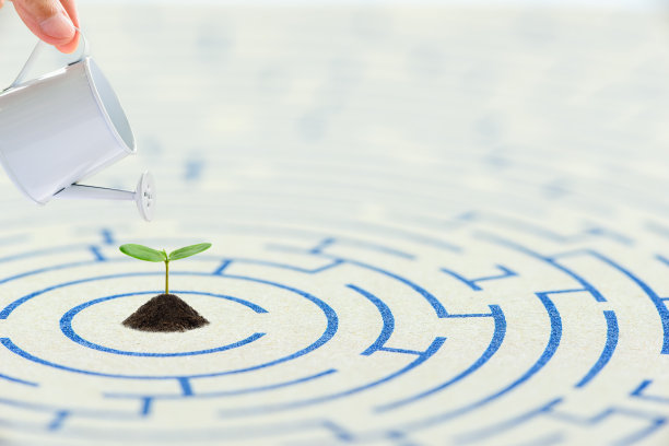 先天与后天:手从喷壶向绿色树苗浇水，树苗在迷宫中发芽。图片下载
