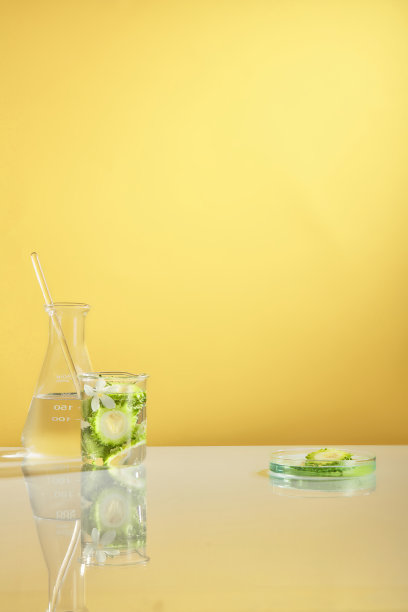 以黄色背景装饰实验室设备的苦瓜正面视图图片下载