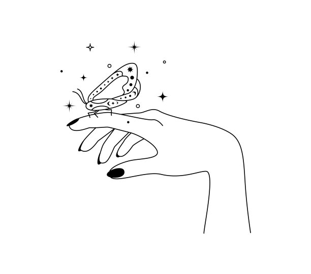 神奇的双手勾勒出夜蝶的轮廓。天仙神秘飞蛾的翅膀，用于品牌标志化妆品美容产品和巫术商店的线性风格。涂鸦线条艺术矢量插图图片下载