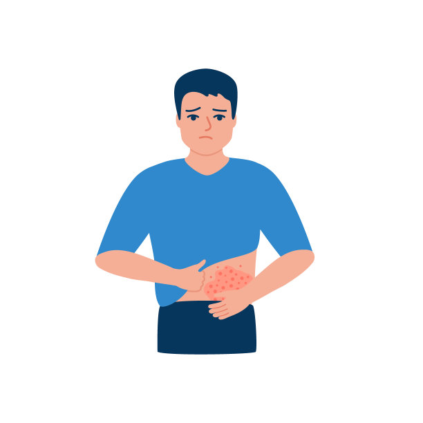 男子抓挠身体腹部，皮疹，过敏，痤疮皮肤上。男性患皮肤发痒、症状性疾病。矢量图图片下载