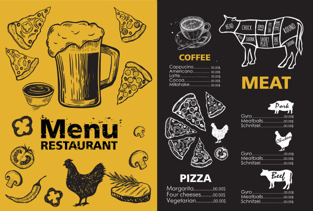餐厅菜单模板设计，草图插图。向量。图片下载