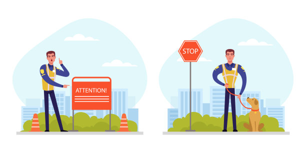 曼道警官指向注意横幅和站着的狗向量场景设置图片下载