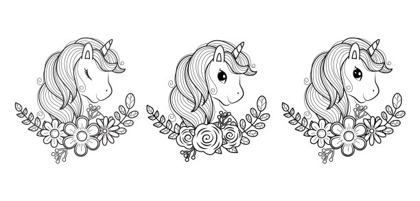 一套可爱的轮廓涂鸦独角兽手绘图片下载