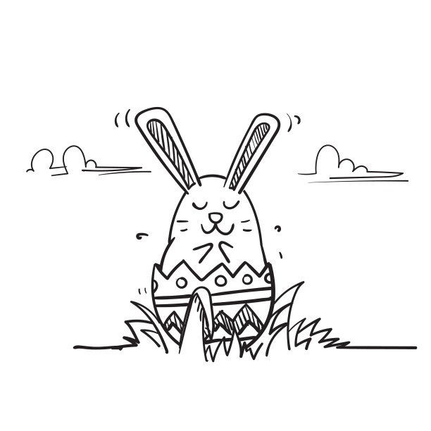 手绘涂鸦兔子和复活节彩蛋在草地上图片下载