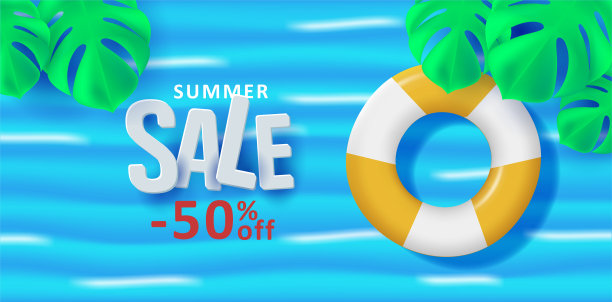 夏季销售海报，五折和棕榈叶和游泳圈俯瞰大海图片下载
