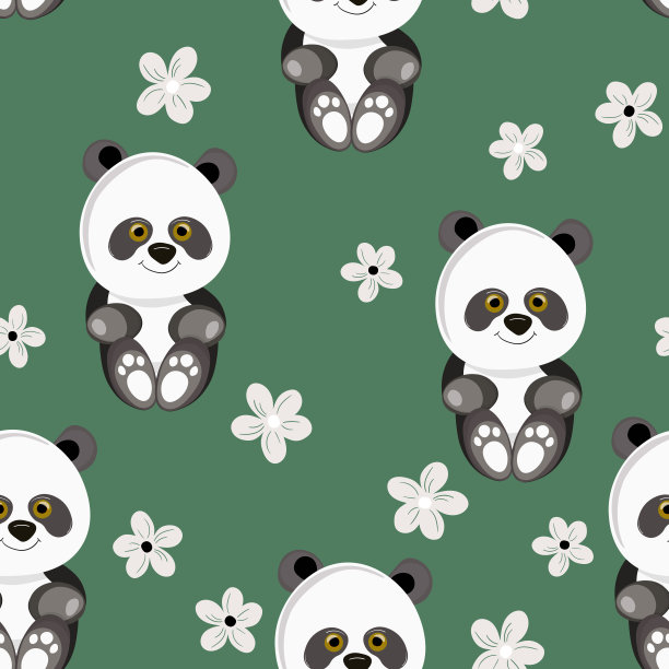 无缝图案与可爱的熊猫宝宝彩色花卉背景。有趣的亚洲动物。卡片，给孩子们的明信片。平面矢量插图织物，纺织品，墙纸，海报，礼品包装纸图片下载