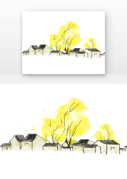 水墨秋天的树和徽式建筑房屋图片下载