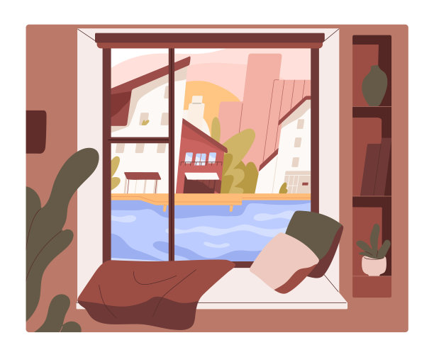 舒适的窗台与黎明在城市的看法家图片下载