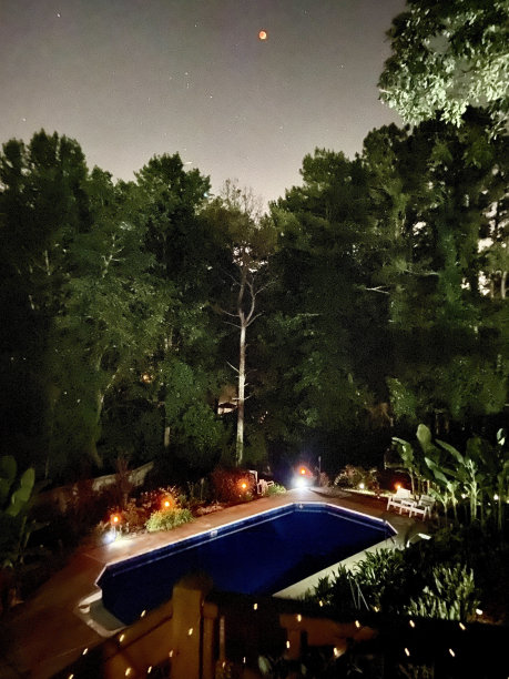 月食期间的满月在一个有游泳池的后院的晚上图片下载