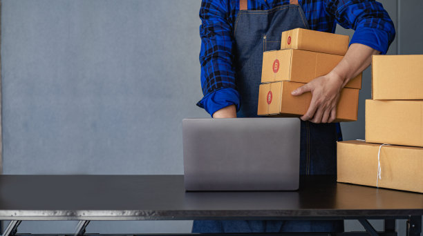 创业自由职业小企业企业家，在家用电脑工作，在线，营销，包装，运输，中小企业，邮箱电子商务概念的货物图片下载
