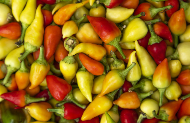 红辣椒和青椒放在一个碗里，背景是木头图片下载