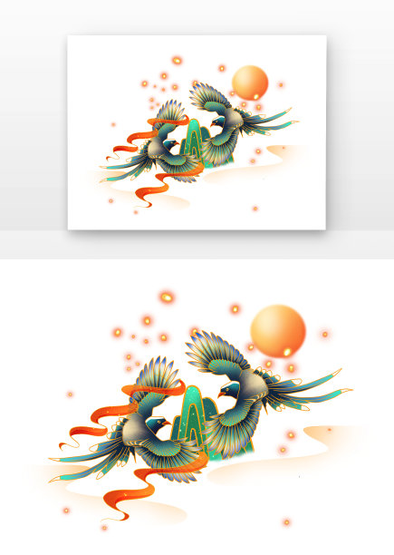 黄绿色国潮风七夕喜鹊展翅和月亮彩带图片下载