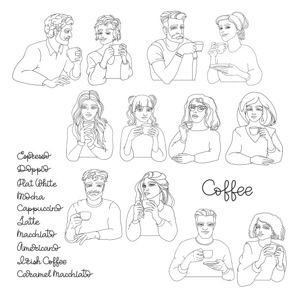 直线男男女女一起喝咖啡图片下载