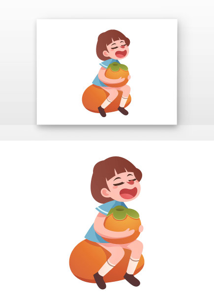 坐在柿子上的女孩插画元素图片下载