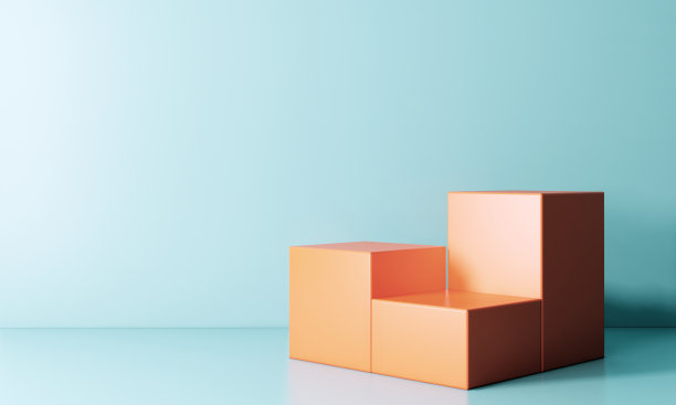3d背景，棕色盒子平台，蓝色墙壁和地板的展厅，用于产品或化妆品的展示和展示。图片下载