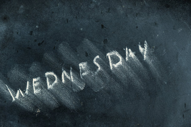 黑色黑板上半抹去的字星期三。手写的字。黑色表面模糊的字母。一周中天数交替的概念。日历图片下载