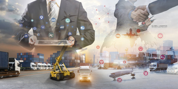 全球业务集装箱货运列车为智能商务物流运输理念，航空货运卡车，铁路运输和海运，网上货物订单全球图片下载