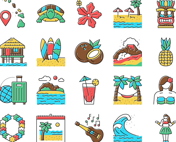 夏威夷岛度假胜地图标设置图片下载