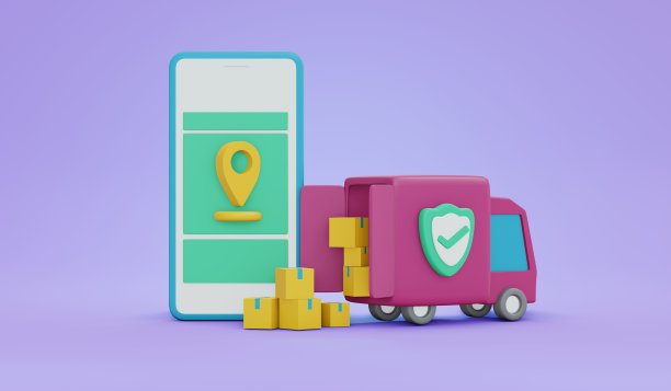 带包裹和手机的货运卡车3D渲染，显示手机跟踪订单的位置符号概念。3d渲染插图卡通风格。图片下载